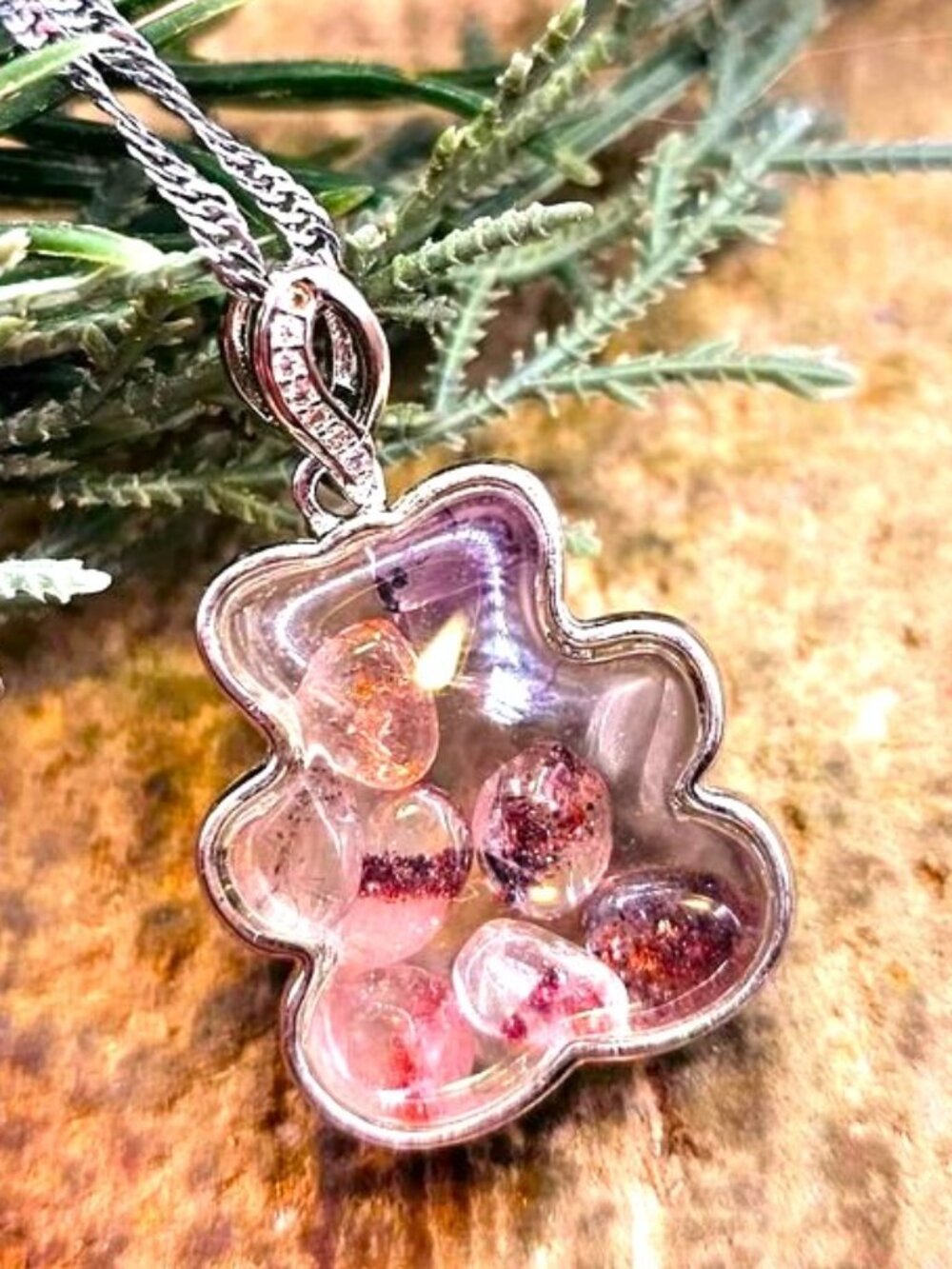 Nature Super Seven Crystals Floating Silver Bear Pendant Necklace